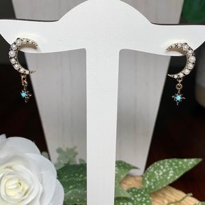 Crescent Moon and Star Pearl Dangle Earrings.